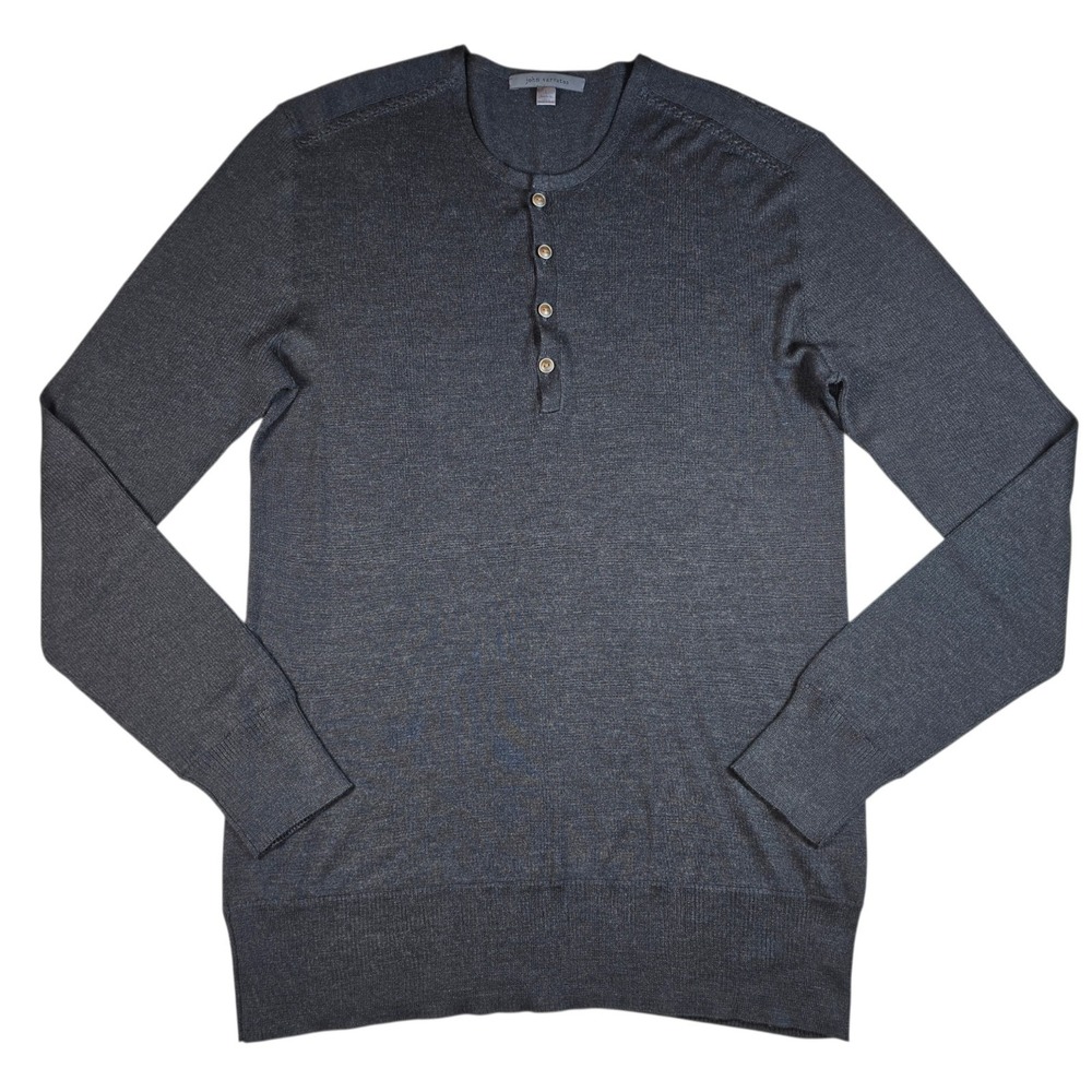 John Varvatos 100% Silk Black Gray Henley Lightweight Long Sleeve Shirt Men's L
